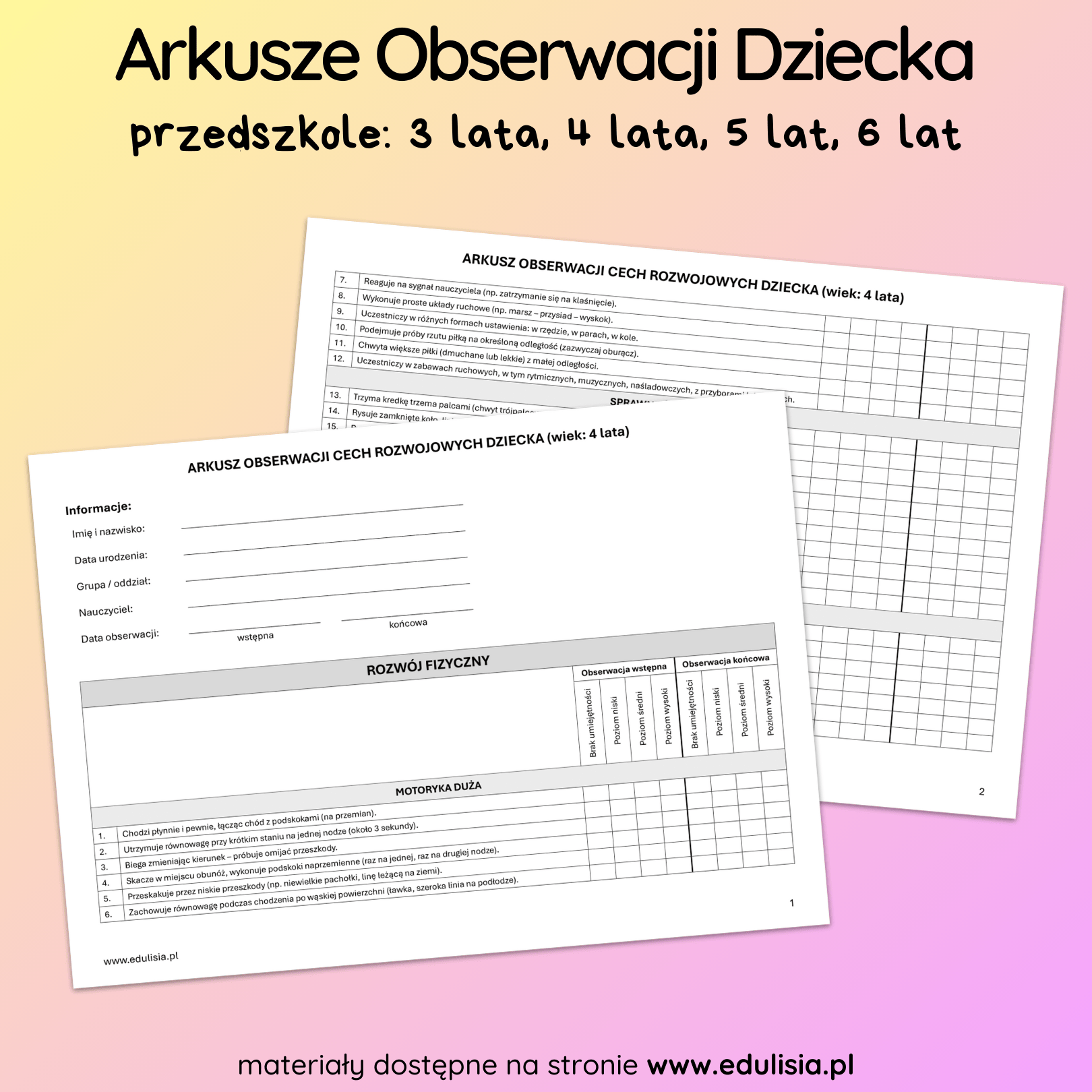 Arkusze Obserwacji Dziecka w Przedszkolu PDF Tabelka 3 latek 4 latek