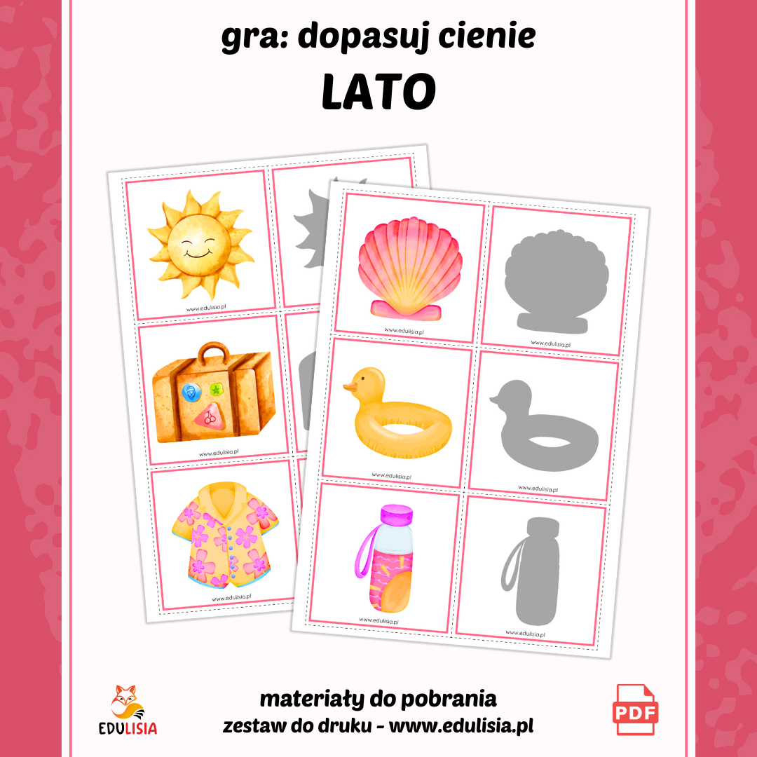 gra dopasuj cienie do obrazków lato i wakacje - dla dzieci - pdf