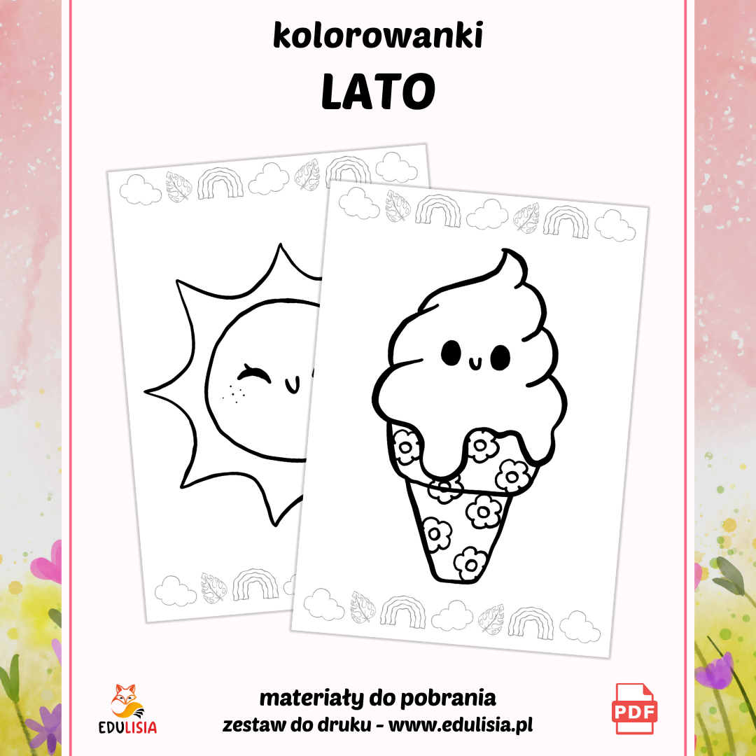 kolorowanki dla dzieci do pobrania - lato - prace plastyczne - lody, słońce