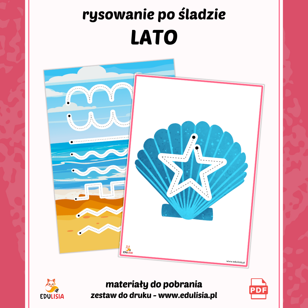 rysowanie po śladzie dla dzieci do pobrania - wakacje, lato - muszle, morze, fale
