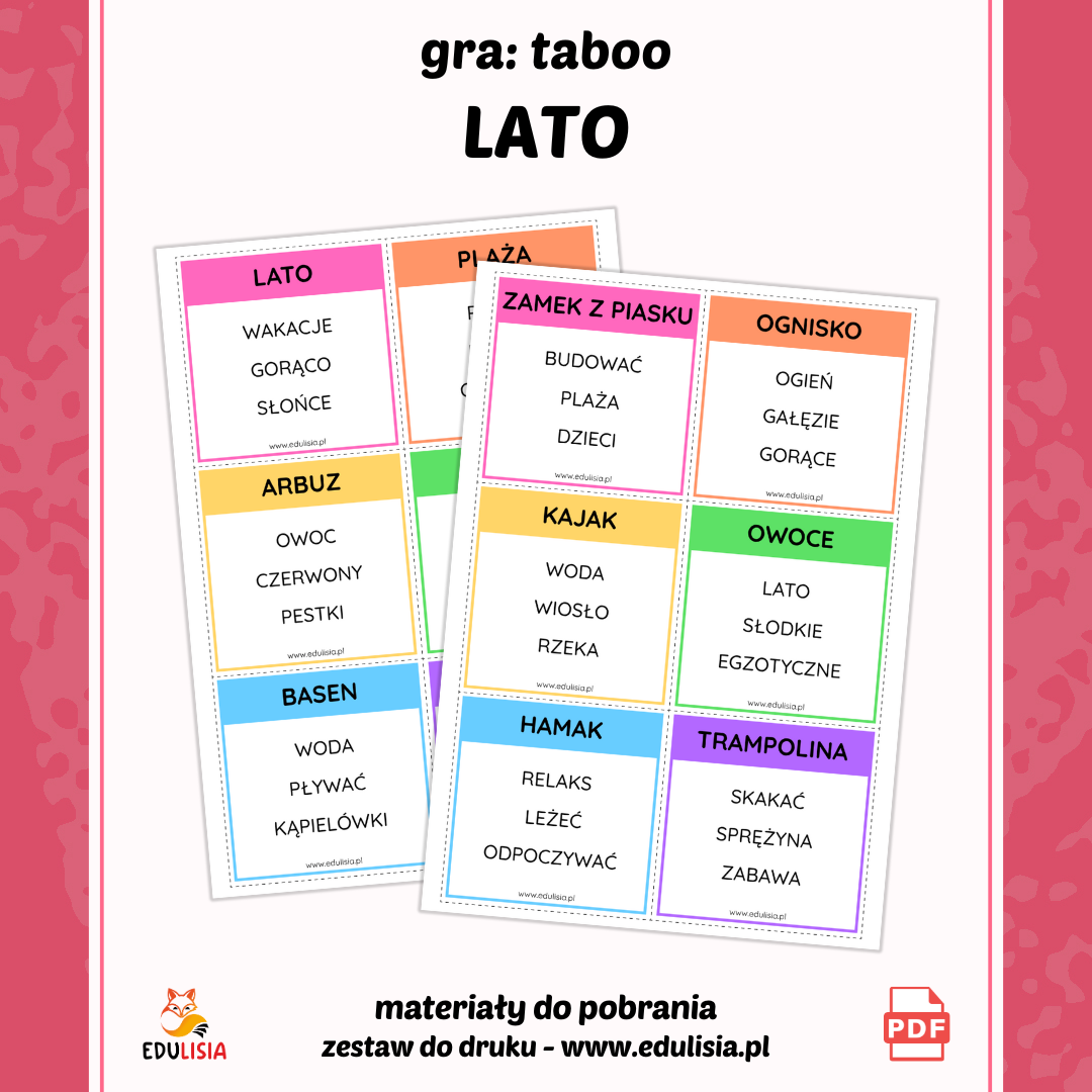 gra taboo dla dzieci - lato, wakacje - do pobrania
