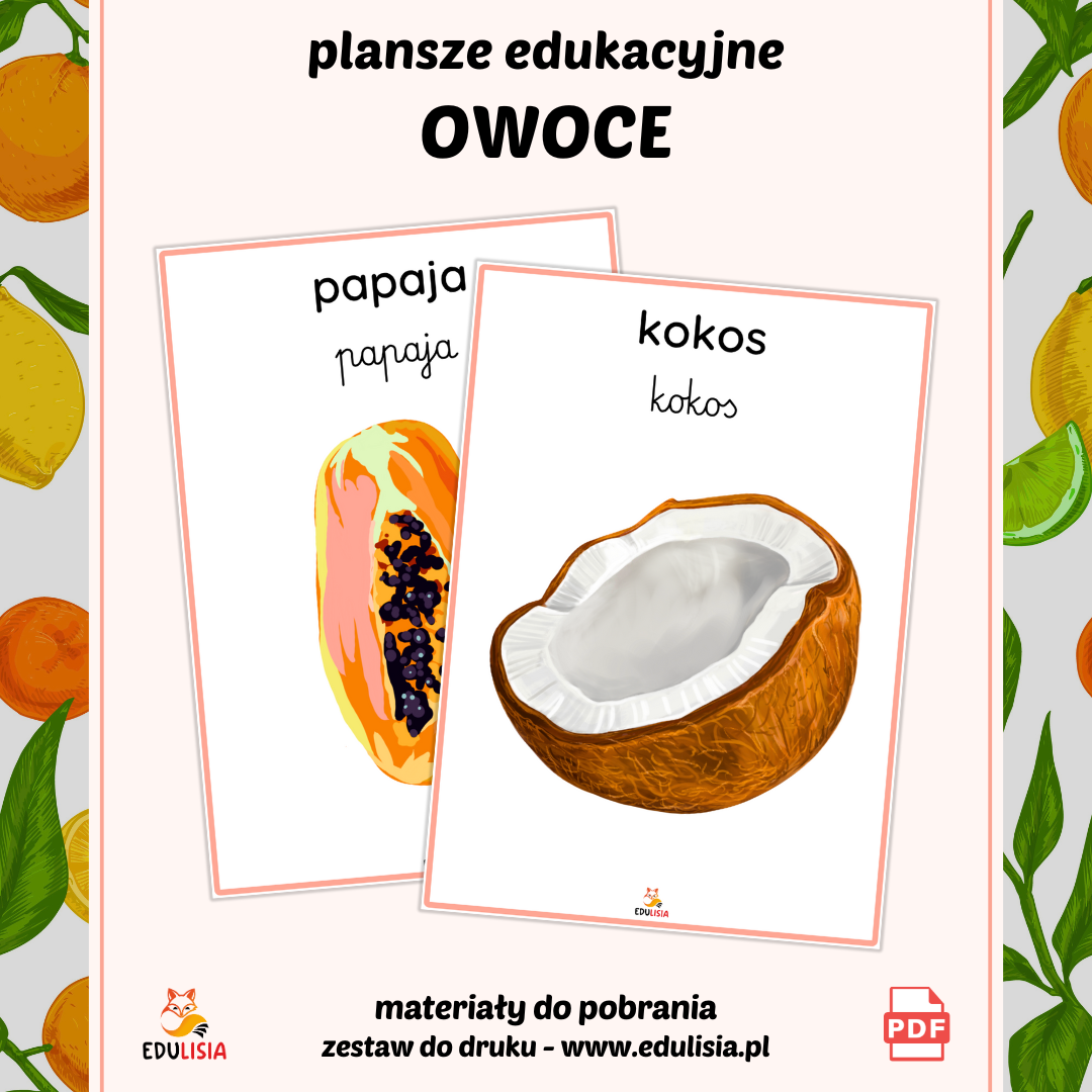 Plansze edukacyjne z owocami PDF do druku dla dzieci – idealne do przedszkola i klas 1–3