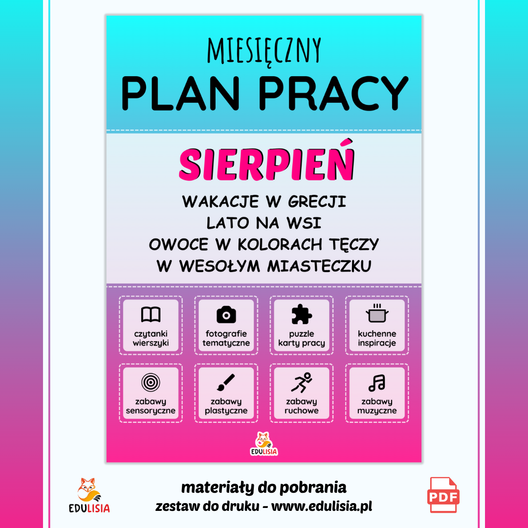 plan pracy na wakacje - żłobek, przedszkole; wpisy do dziennika; szybkie i proste zabawy