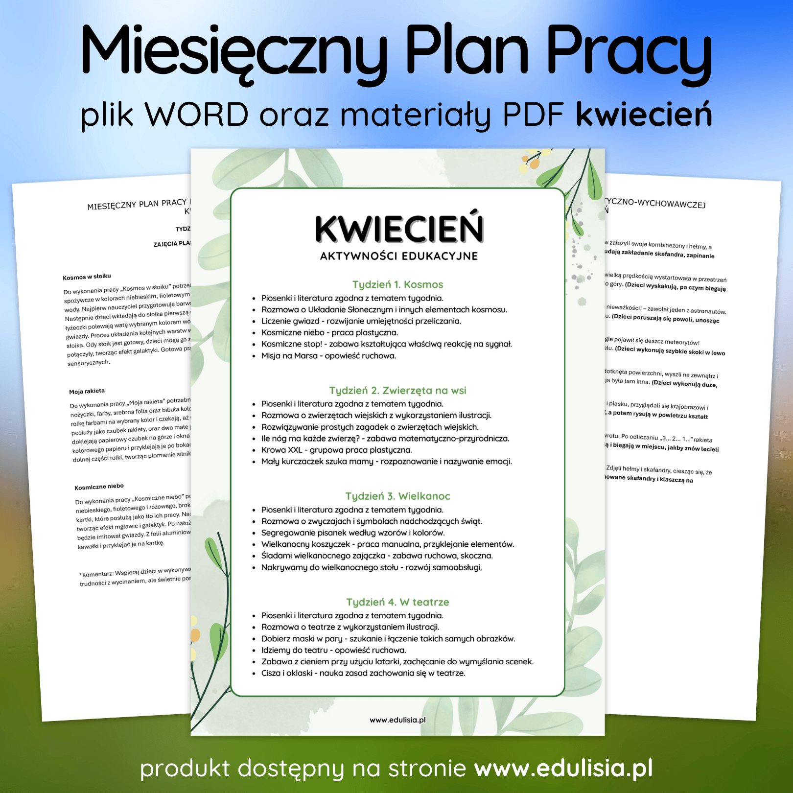 Plan Pracy Miesięczny Do Żłobka i Do Przedszkola Cele i Aktywności Kwiecień Wielkanoc Kosmos Teatr Zwierzęta na wsi PDF
