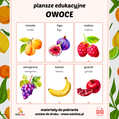 Obrazki owoców do druku – plansze edukacyjne PDF do samodzielnego wydruku