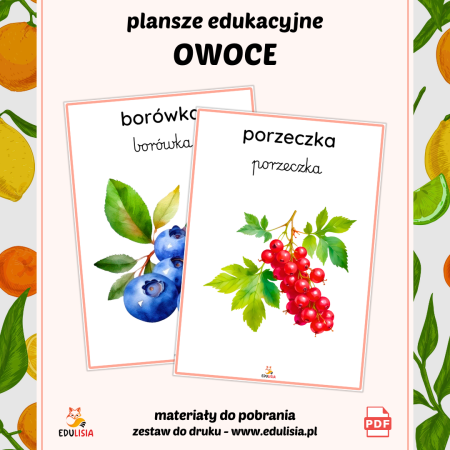 Kolorowe owoce do wydrukowania – edukacyjne obrazki PDF do druku jako pomoc dydaktyczna