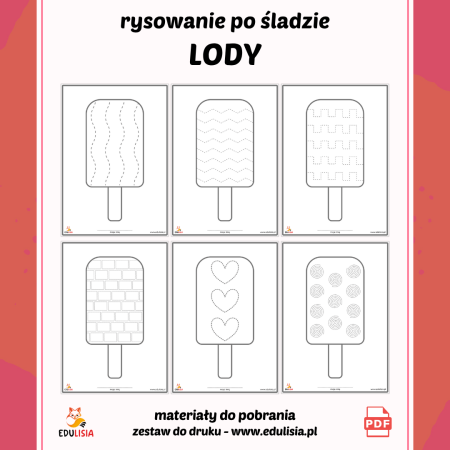 kolorowanka lody na patyku do druku, rysowanie po śladzie lody, lato, szlaczki dla dzieci