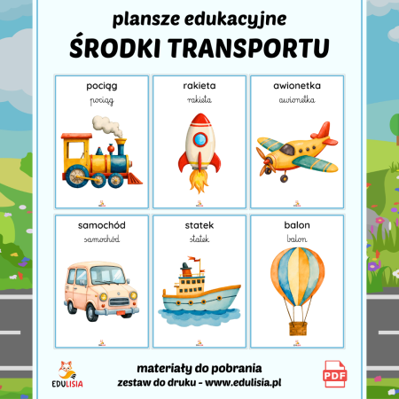 środki transportu dla dzieci do pobrania samolot rakieta balon do druku