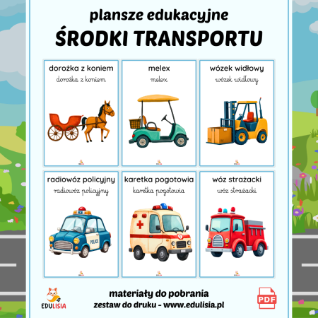 plansze z pojazdami dla dzieci kolorowe obrazki do pobrania karetka radiowóz straż pożarna pdf
