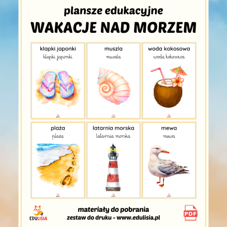lato i wakacje ilustracje do pobrania dla dzieci - latarnia, mewa, klapki, plaża