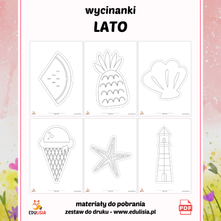 letnie wycinanki dla dzieci do pobrania, karty pracy na terapię ręki, kolorowanki lato do wycinania z papieru