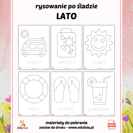 rysowanie po śladzie karty pracy dla dzieci, grafomotoryka lato do pobrania