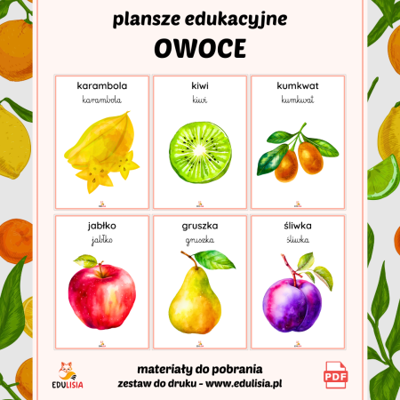 Plansze dydaktyczne owoce PDF do druku – ilustracje do nauki owoców dla dzieci