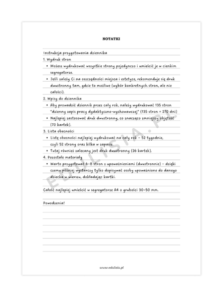 Dziennik zajęć grupy w żłobku PDF do druku 