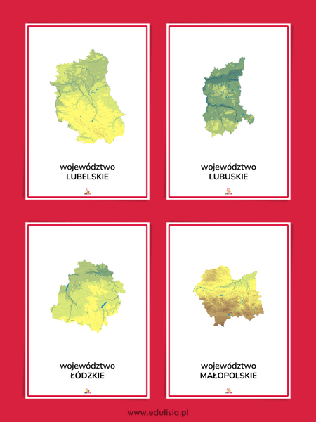 Mapa fizyczna województw Polski – Lubelskie, Lubuskie, Łódzkie, Małopolskie, Mazowieckie, Opolskie, Podkarpackie i Podlaskie – plansze dydaktyczne A4.