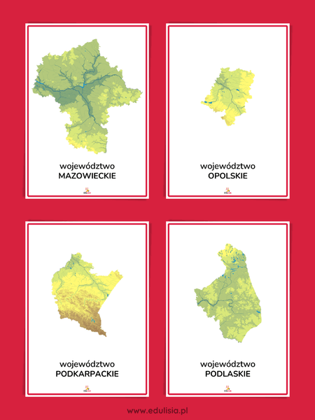 Mapa fizyczna Polski – kolorowa plansza edukacyjna A4 do nauki geografii i poznawania regionów kraju.