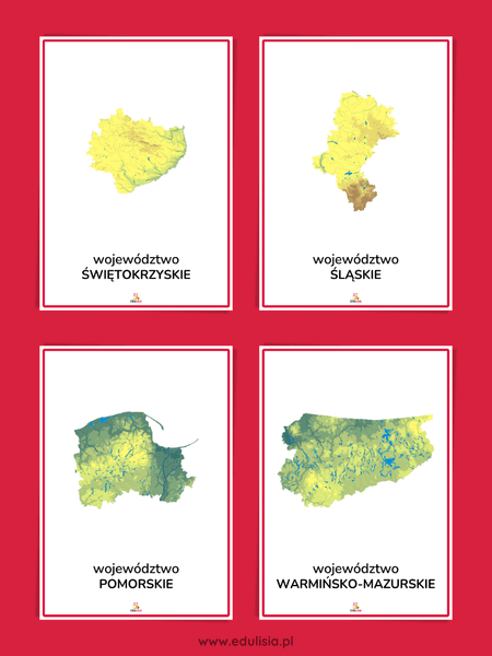 Mapa fizyczna województw Polski – Świętokrzyskie, Śląskie, Pomorskie i Warmińsko-Mazurskie – plansze edukacyjne dla dzieci.