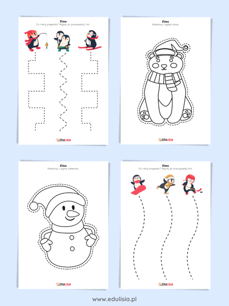 Zima – karty pracy – wycinanie po śladzie, wycinanki do przedszkola