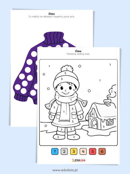 Zima – karty pracy – kolorowanie według kodu do druku