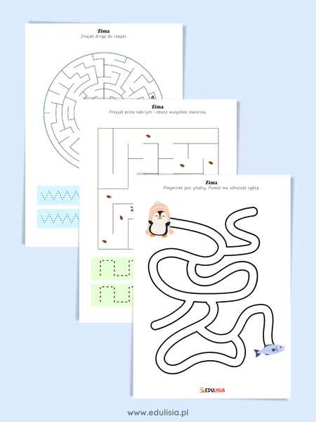 Zima – karty pracy – labirynty i szlaczki grafomotoryczne do druku