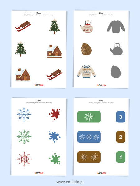 Zima Karty Pracy – łączenie w pary, ćwiczenie logicznego myślenia w żłobku i przedszkolu