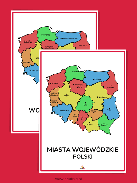 Mapa Polski z podziałem na województwa i miasta wojewódzkie – plansza edukacyjna dla dzieci do nauki geografii