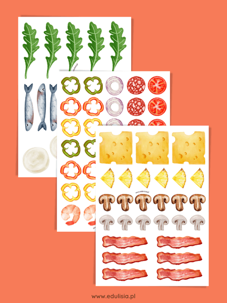 pizza do druku składniki - układanka edukacyjna, nauka nazw jedzenia, ćwiczenie koncentracji