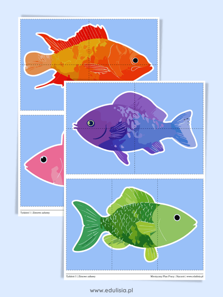 kolorowe rybki puzzle - łowienie rybek scenariusz zajęć zima