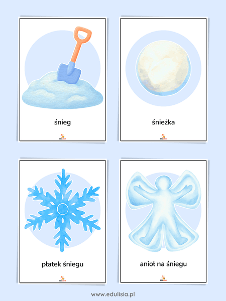 Plansze z obrazkami dla dzieci - śnieg i płatek śniegu do druku