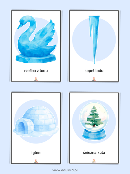 Sopel lodu, igloo, rzeźba z lodu - plansze edukacyjne o zimie dla dziec