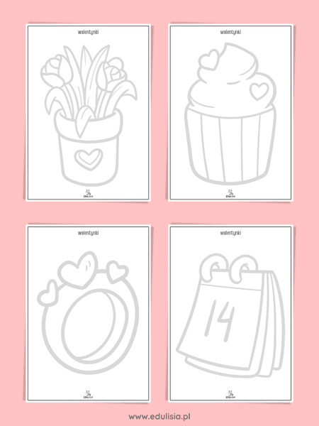 Grafomotoryka walentynki – kwiaty, babeczka, pierścionek, serce