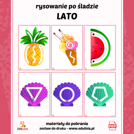 letnia grafomotoryka, rysowanie po śladzie dla dzieci na wakacje do druku
