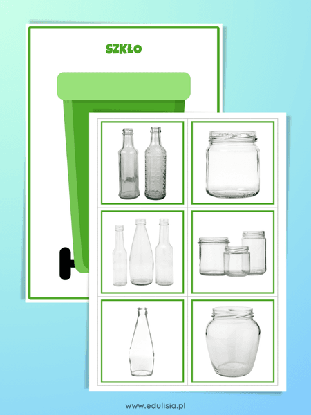 zielony kosz do segregacji na szkło - zabawa dla dzieci, układanka do druku