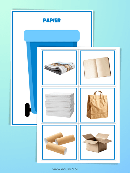 niebieski kosz do segregacji na papier - zabawa dla dzieci, układanka do druku