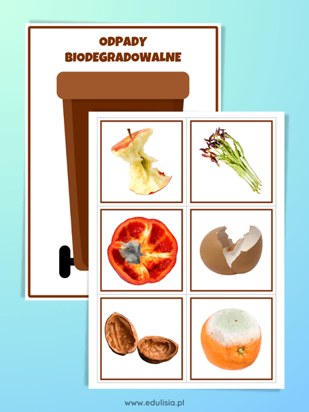 brązowy kosz do segregacji na śmieci bio - zabawa dla dzieci, układanka do druku