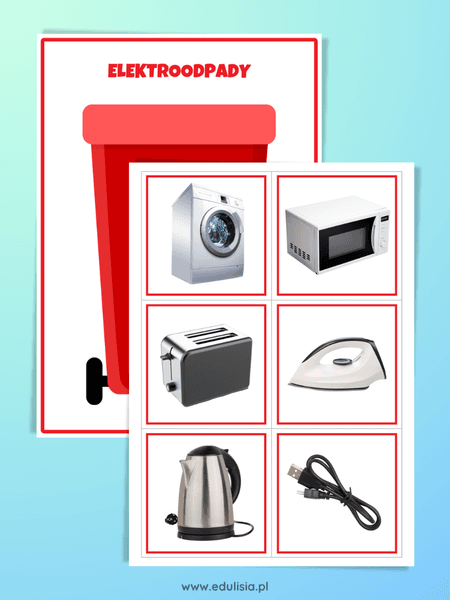 czerwony kosz do segregacji na elektroodpady - zabawa dla dzieci, układanka do druku