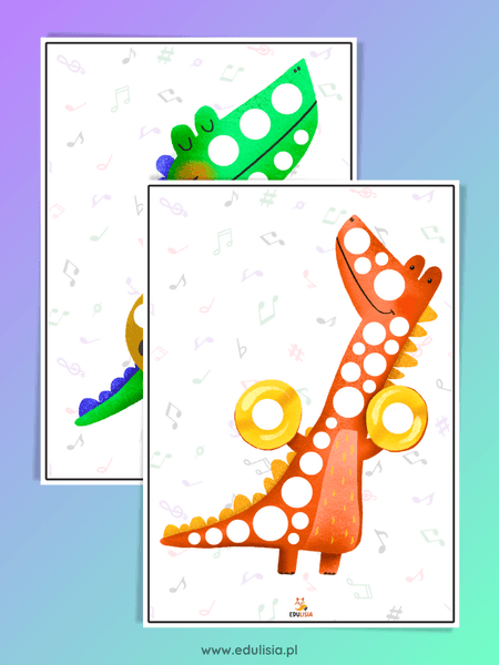 dinozaury z instrumentami - pomoce dydaktyczne do żłobka i przedszkola - karty pracy 