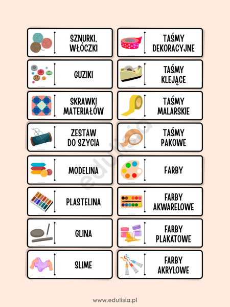 Oznaczenia półek i koszy na zabawki w żłobku i przedszkolu do druku