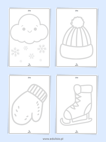 Rysowanie po śladzie zima – czapka, rękawiczka i łyżwa, grafomotoryka dla dzieci