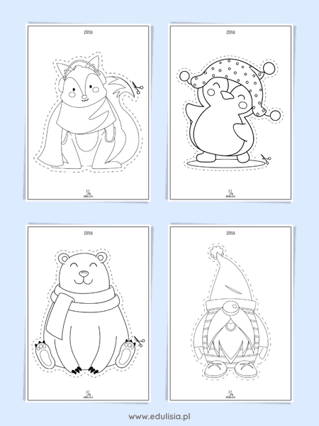 Zimowe wycinanki dla dzieci – lis, pingwin, karty pracy do wycinania nożyczkami