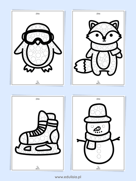 Obrazki do wyklejania dla dzieci do wydruku - bałwan, pingwin, lis