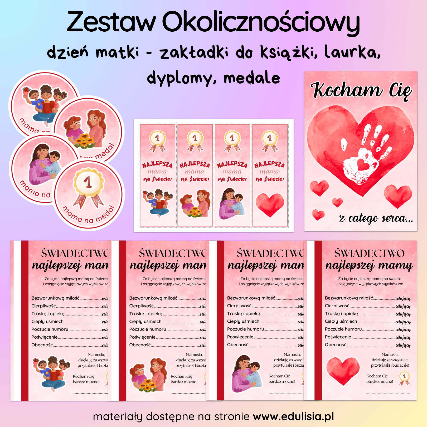 Dzień Mamy Dyplom Laurka Certyfikat Zakładki Do Książki Prezenty Od Dzieci Medal PDF