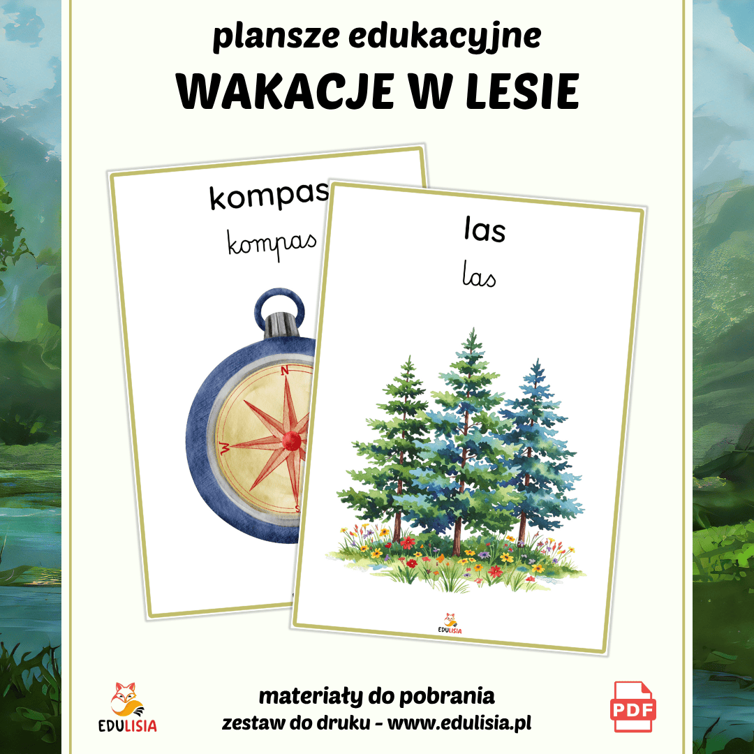 symbole lata wakacje w lesie plansze dla dzieci do druku kompas i las