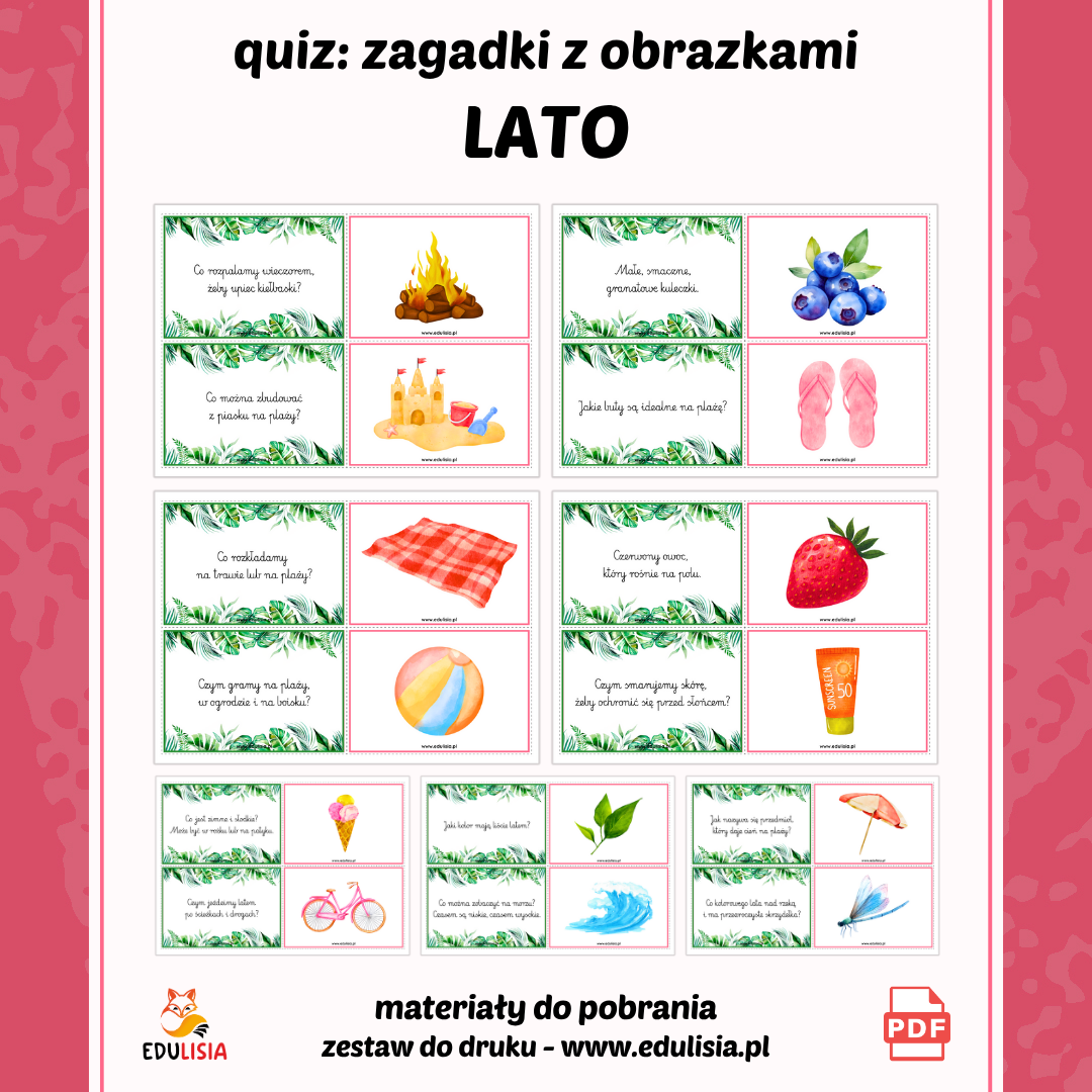 pytania zagadki dla dzieci do druku - lato, wakacje - obrazki, dwustronne fiszki