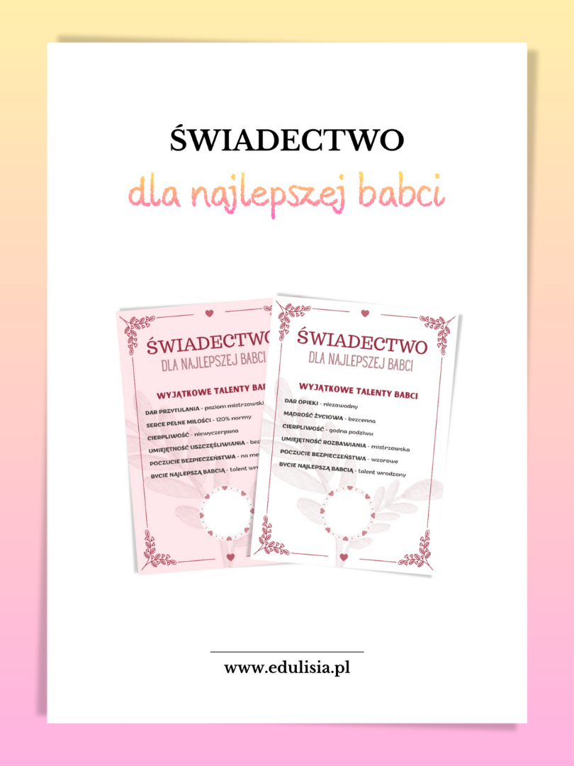 Świadectwo dla najlepszej babci - prezent na dzień babci do druku